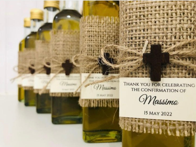 Olive Oil Bottle 250mL w/ Jute & Brown Cross Bomboniere