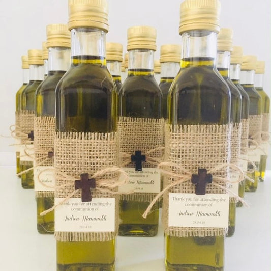 Olive Oil Bottle 250mL w/ Jute & Brown Cross Bomboniere