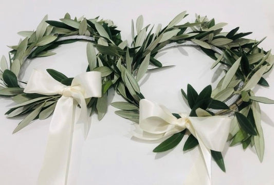 Wedding Crowns Olive Branch (Pair) - Ivory Ribbon